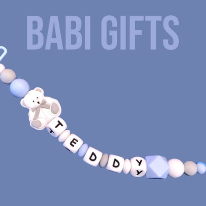 Blue Teddy Dummy Clip – Personalised Baby Teether Set