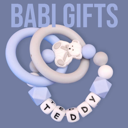 Blue Teddy Dummy Clip – Personalised Baby Teether Set