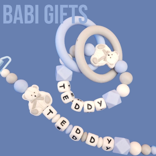 Blue Teddy Dummy Clip – Personalised Baby Teether Set