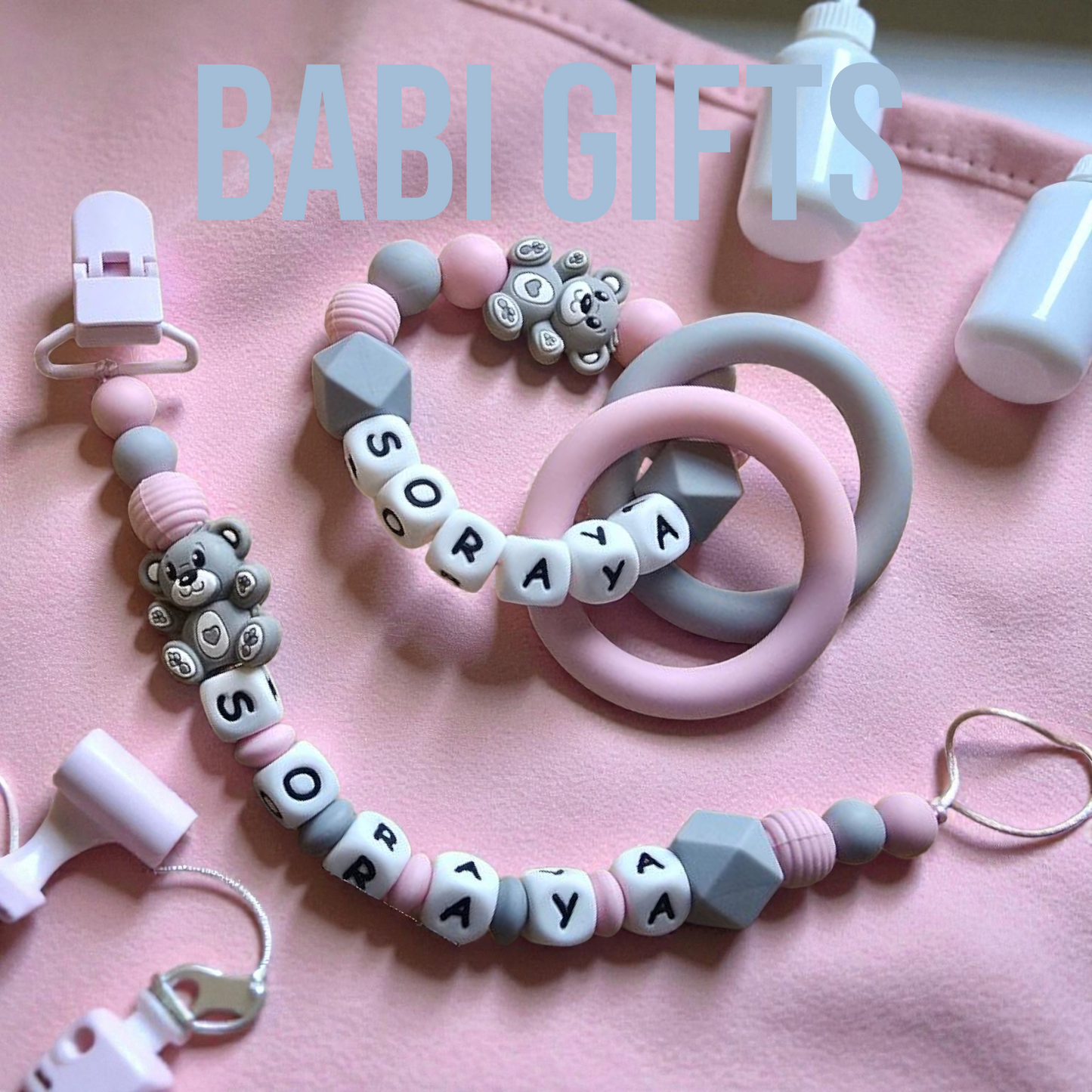 Teddy Bear Dummy Clip and Teether Set – Pink & Grey Personalised Baby Gift