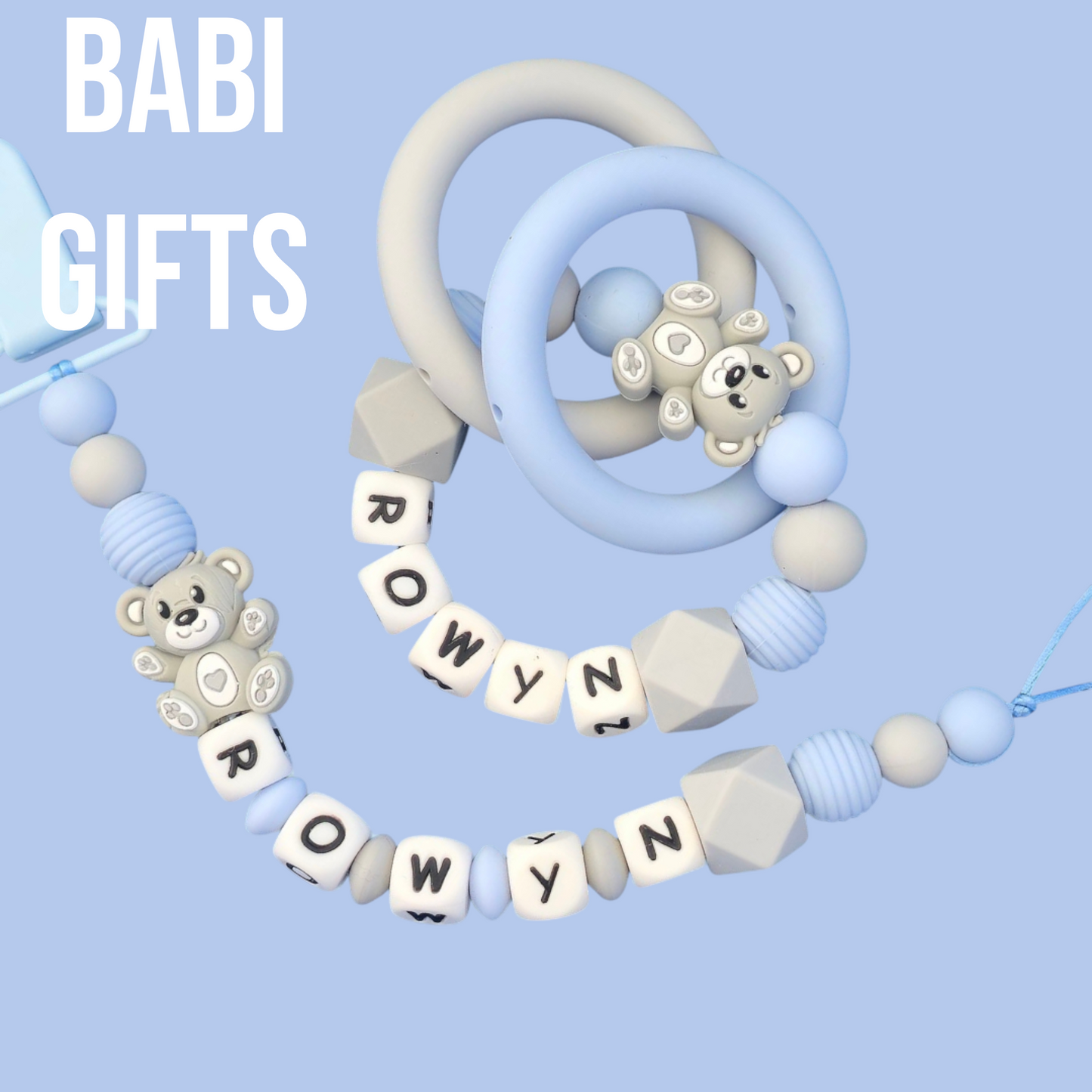 Blue Teddy Bear Dummy Clip and Teether Set – Personalised Baby Gift