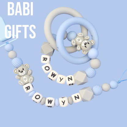 Blue Teddy Bear Dummy Clip and Teether Set – Personalised Baby Gift