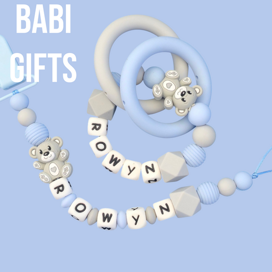Blue Teddy Bear Dummy Clip and Teether Set – Personalised Baby Gift