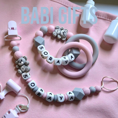 Teddy Bear Dummy Clip and Teether Set – Pink & Grey Personalised Baby Gift