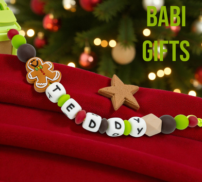 Gingerbread Man Dummy Clip and Teether Set – Personalised Christmas Gift