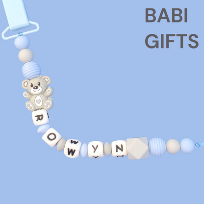 Blue Teddy Bear Dummy Clip and Teether Set – Personalised Baby Gift