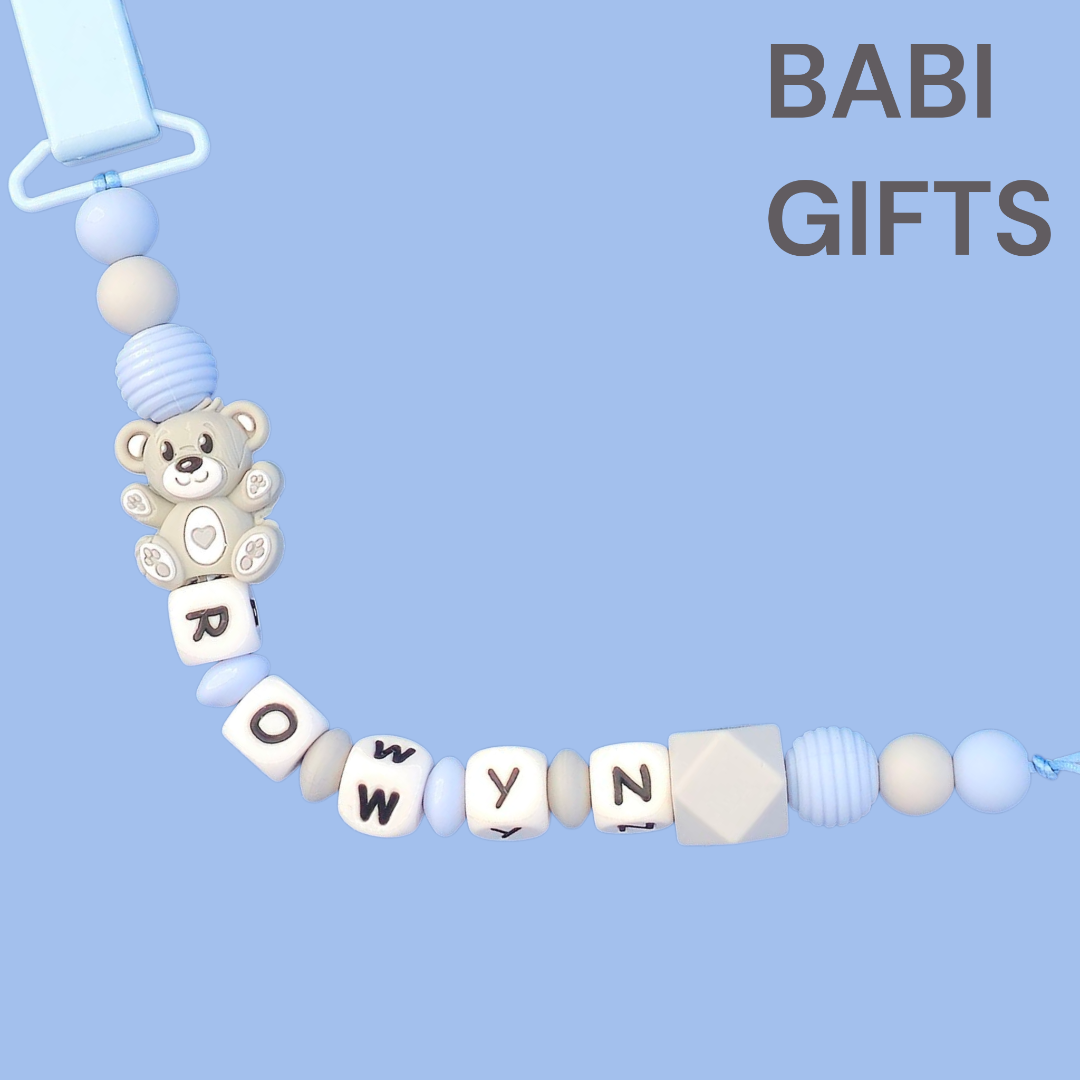 Blue Teddy Bear Dummy Clip and Teether Set – Personalised Baby Gift