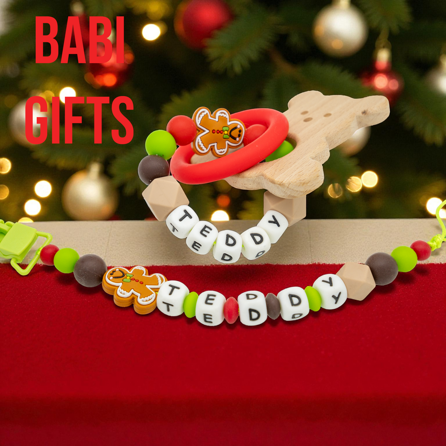 Gingerbread Man Dummy Clip and Teether Set – Personalised Christmas Gift