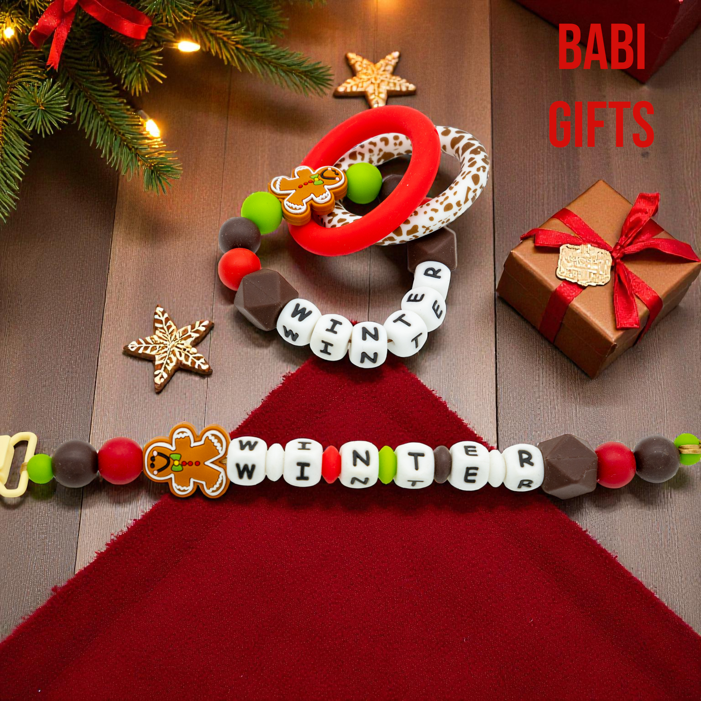 Gingerbread Man Dummy Clip and Teether Set - Just Silicone – Personalised Baby Gift