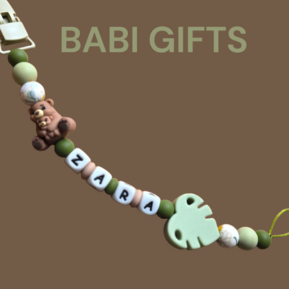 Mother & Baby Bear Dummy Clip and Teether Set – Natural Green Gift