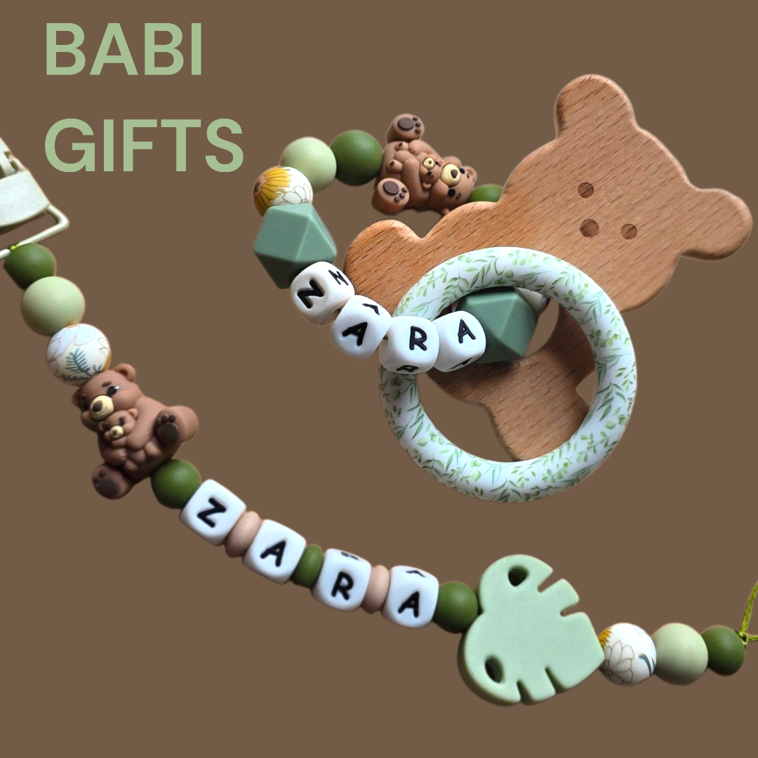 Mother & Baby Bear Dummy Clip and Teether Set – Natural Green Gift