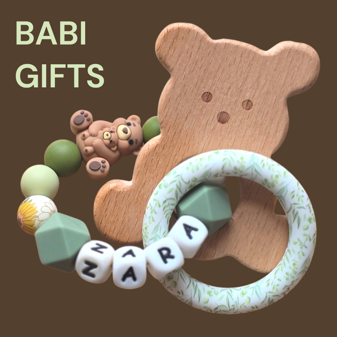 Mother & Baby Bear Dummy Clip and Teether Set – Natural Green Gift