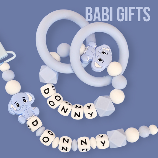 Elephant Dummy Clip & Teether Set – Blue & White