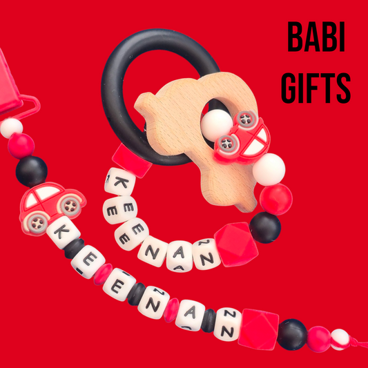 Red Car Dummy Clip & Rattle Set – Personalised Baby Gift