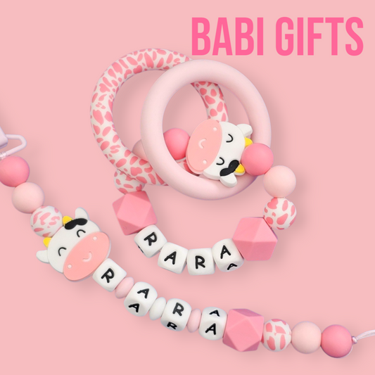 Pink Cow Print Dummy Clip & Teether Set – Personalised