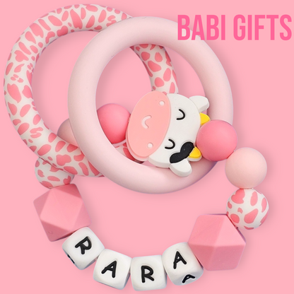 Pink Cow Print Dummy Clip & Teether Set – Personalised