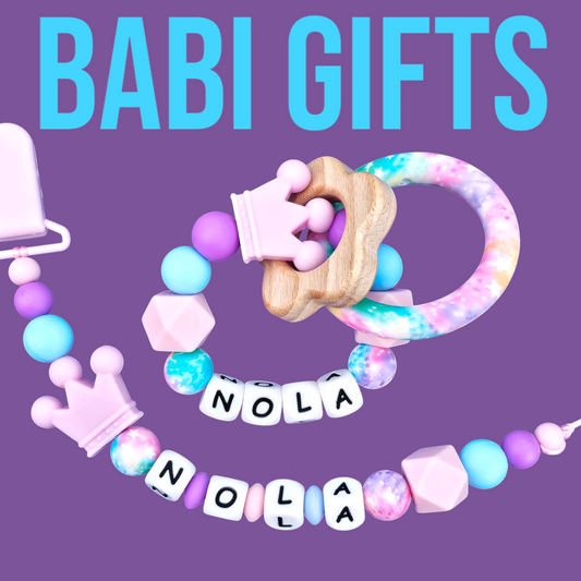 Personalised Crown Dummy Clip & Teether – Aqua, Pink & Purple Set
