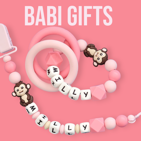 Cheeky Monkey Dummy Clip & Teether Set – Pink Personalised