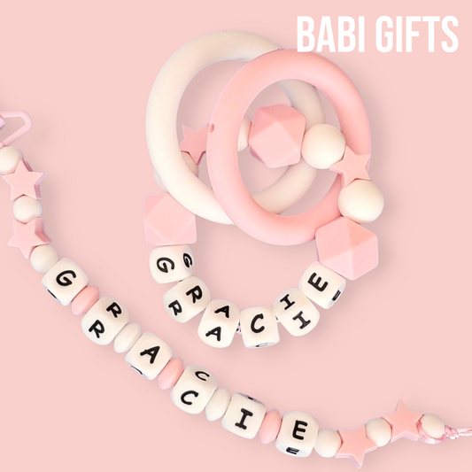 Pink Stars Dummy Clip – Personalised Baby Teether Set