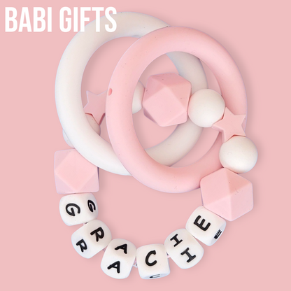 Pink Stars Dummy Clip – Personalised Baby Teether Set