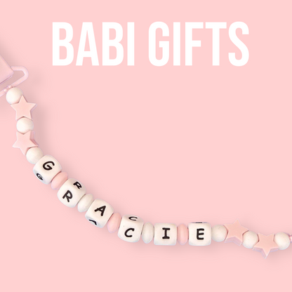Pink Stars Dummy Clip – Personalised Baby Teether Set