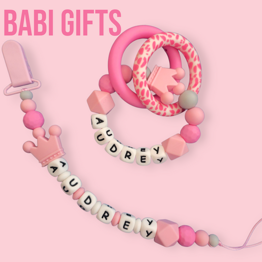 👑 Princess Pinks & Grey Dummy Clip & Teether Set – Personalised 👑