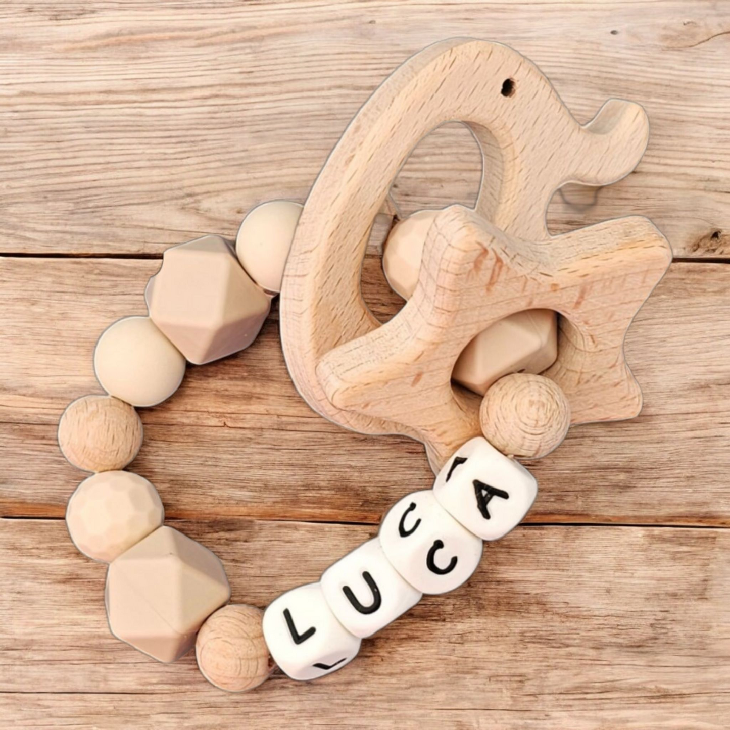 Natural Dummy Clip & Rattle – Elegant Personalised Set