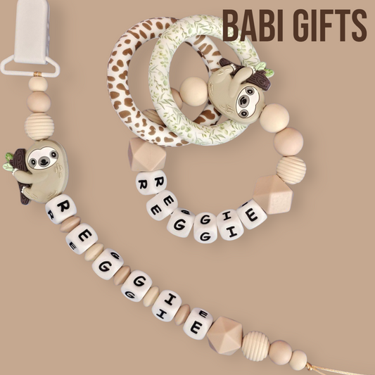 Lazy Days Sloth Dummy Clip & Teether Set – Natural Tones - Personalised